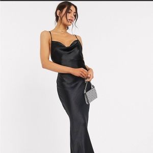 ASOS DESIGN cami maxi slip dress in high shine satin with lace up back in black